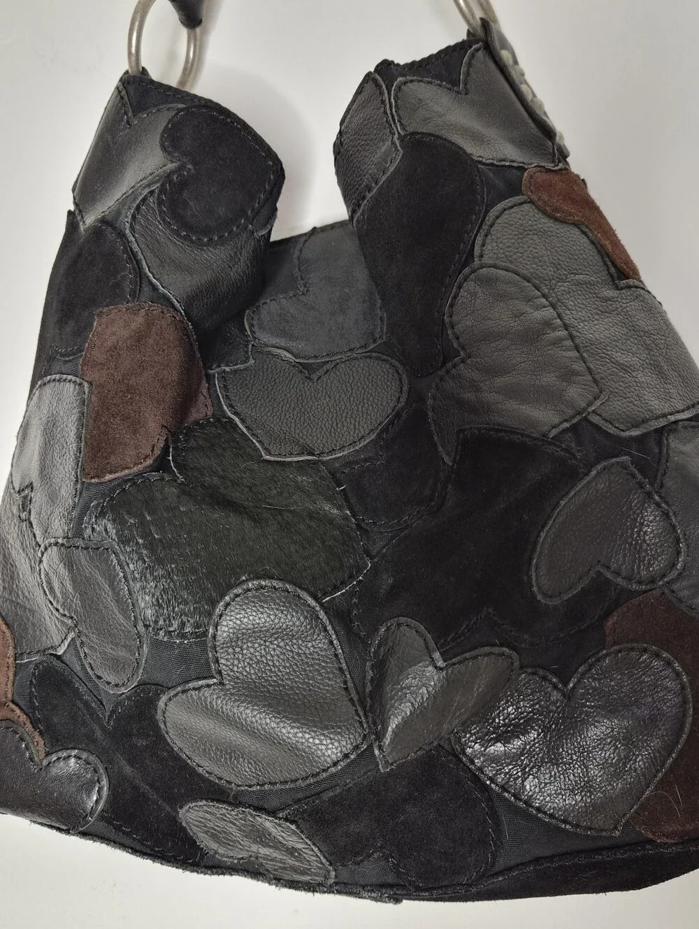 Lucky Brand Vintage Y2K Mixed Media Leather Suede Heart Patchwork Hobo Bag